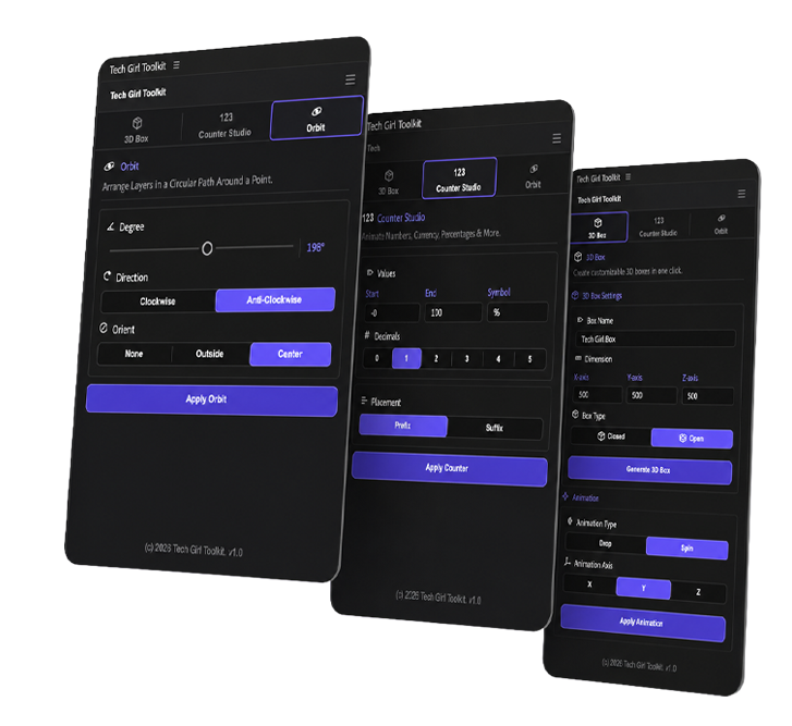 The Tech Girl Toolkit panels in Adobe After Effects